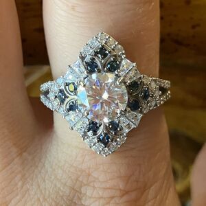 Genuine Moissanite Blue Sapphire Sterling Silver Art Deco Ring Size 10